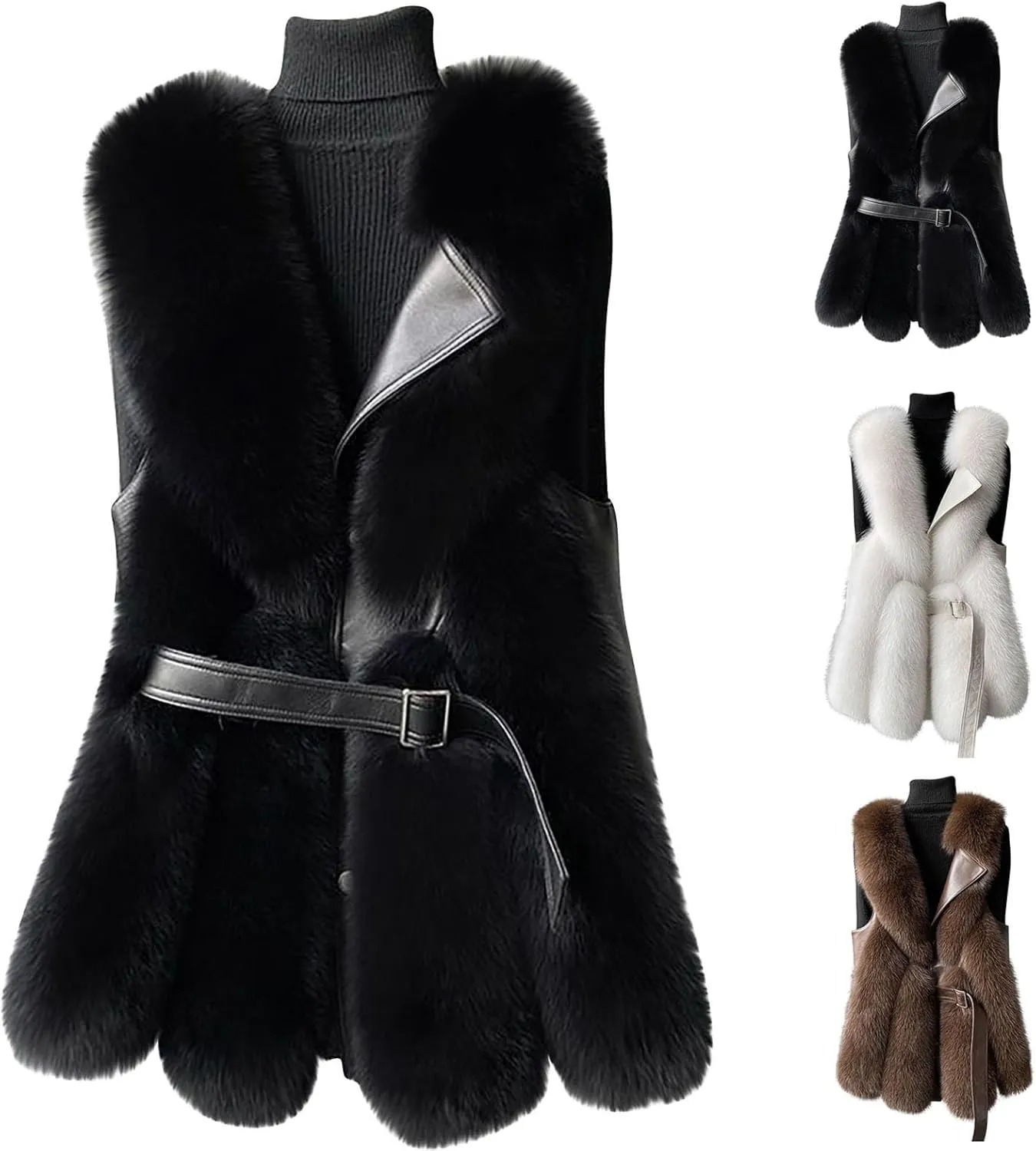 HGps8w Leather Patchwork Women's Faux Fur Vests - Faux Fox Fur Warm Fluffy Jacket - Furry Outerwear Winter Coats with Belt