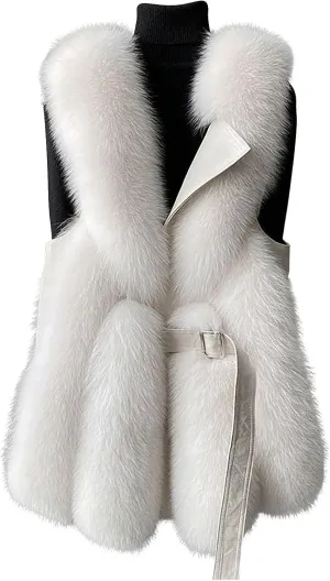 HGps8w Leather Patchwork Women's Faux Fur Vests - Faux Fox Fur Warm Fluffy Jacket - Furry Outerwear Winter Coats with Belt
