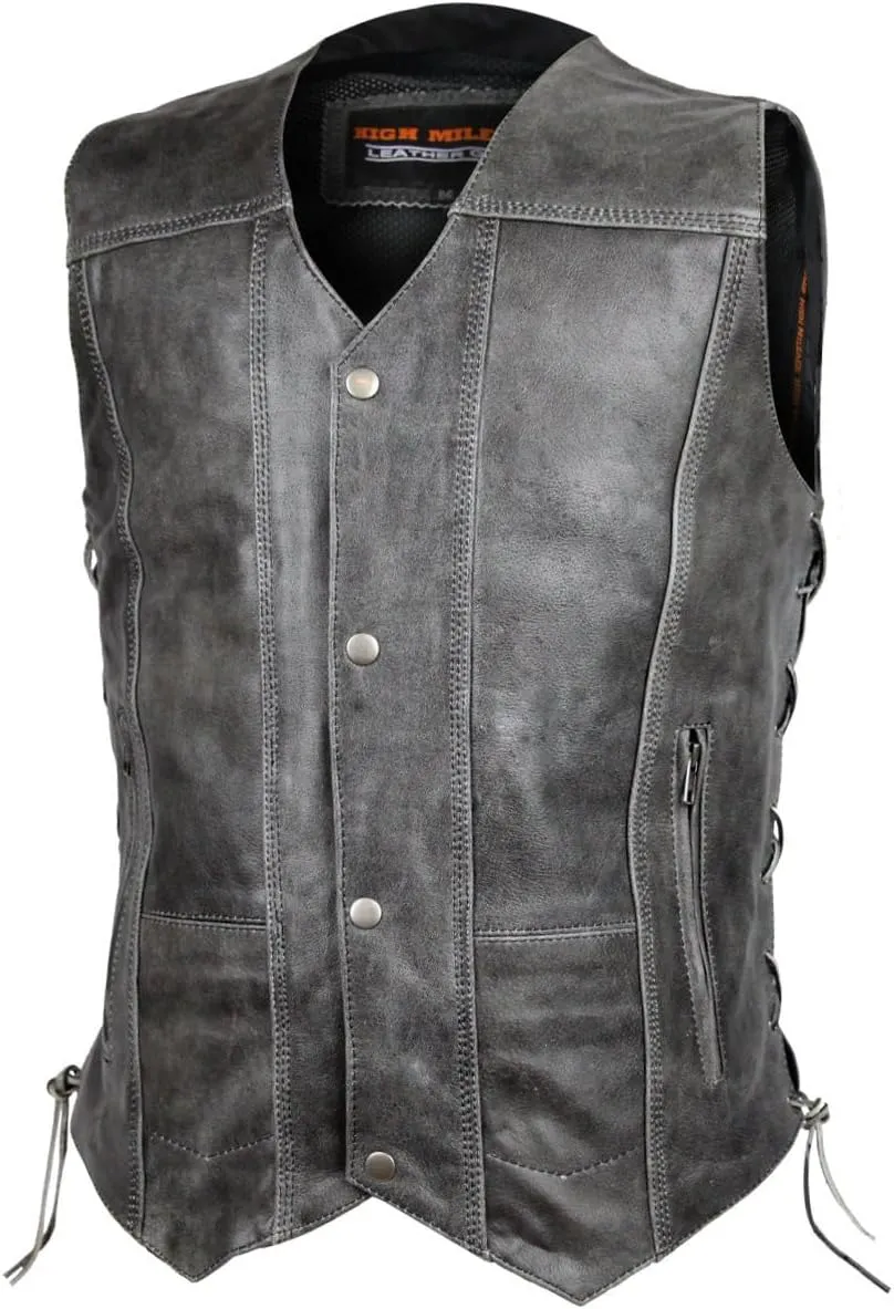 High Mileage Mens Distressed Premium Cowhide Ten Pocket Leather Motorcycle Vest with Dual Conceal Carry Pockets
