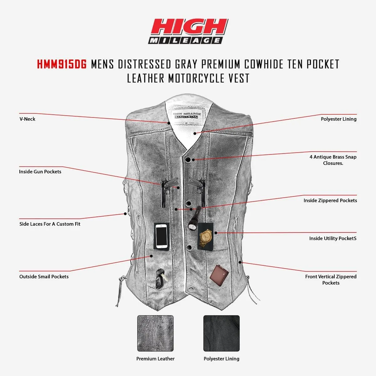 High Mileage Mens Distressed Premium Cowhide Ten Pocket Leather Motorcycle Vest with Dual Conceal Carry Pockets