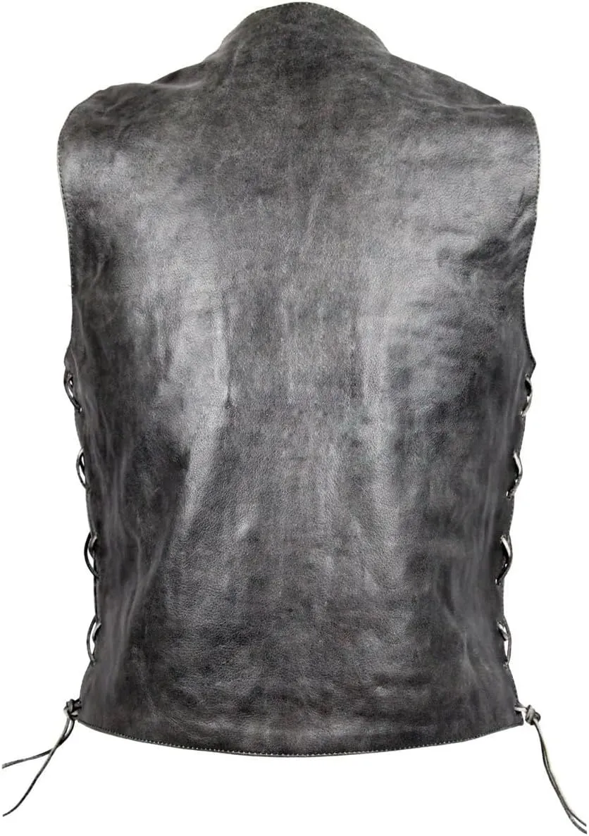 High Mileage Mens Distressed Premium Cowhide Ten Pocket Leather Motorcycle Vest with Dual Conceal Carry Pockets