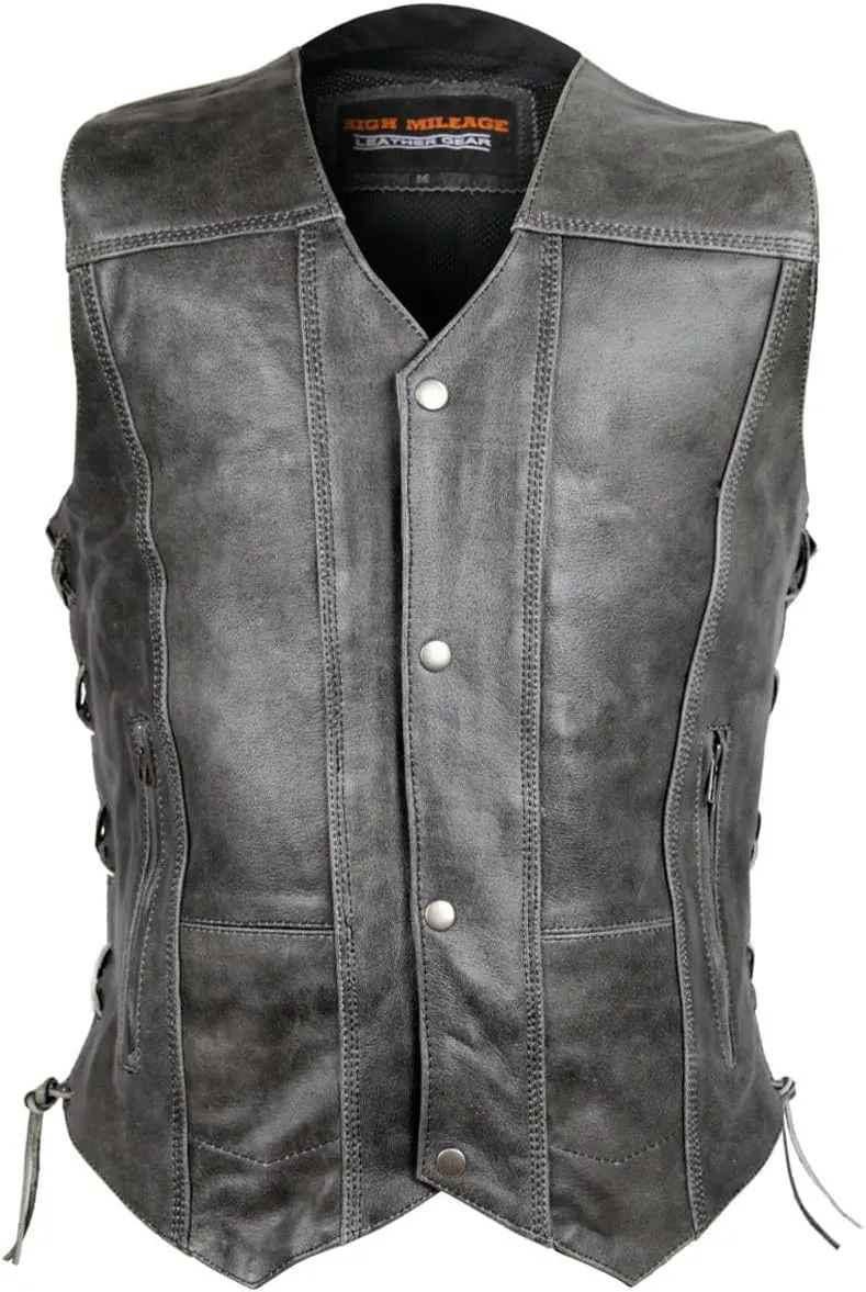 High Mileage Mens Distressed Premium Cowhide Ten Pocket Leather Motorcycle Vest with Dual Conceal Carry Pockets