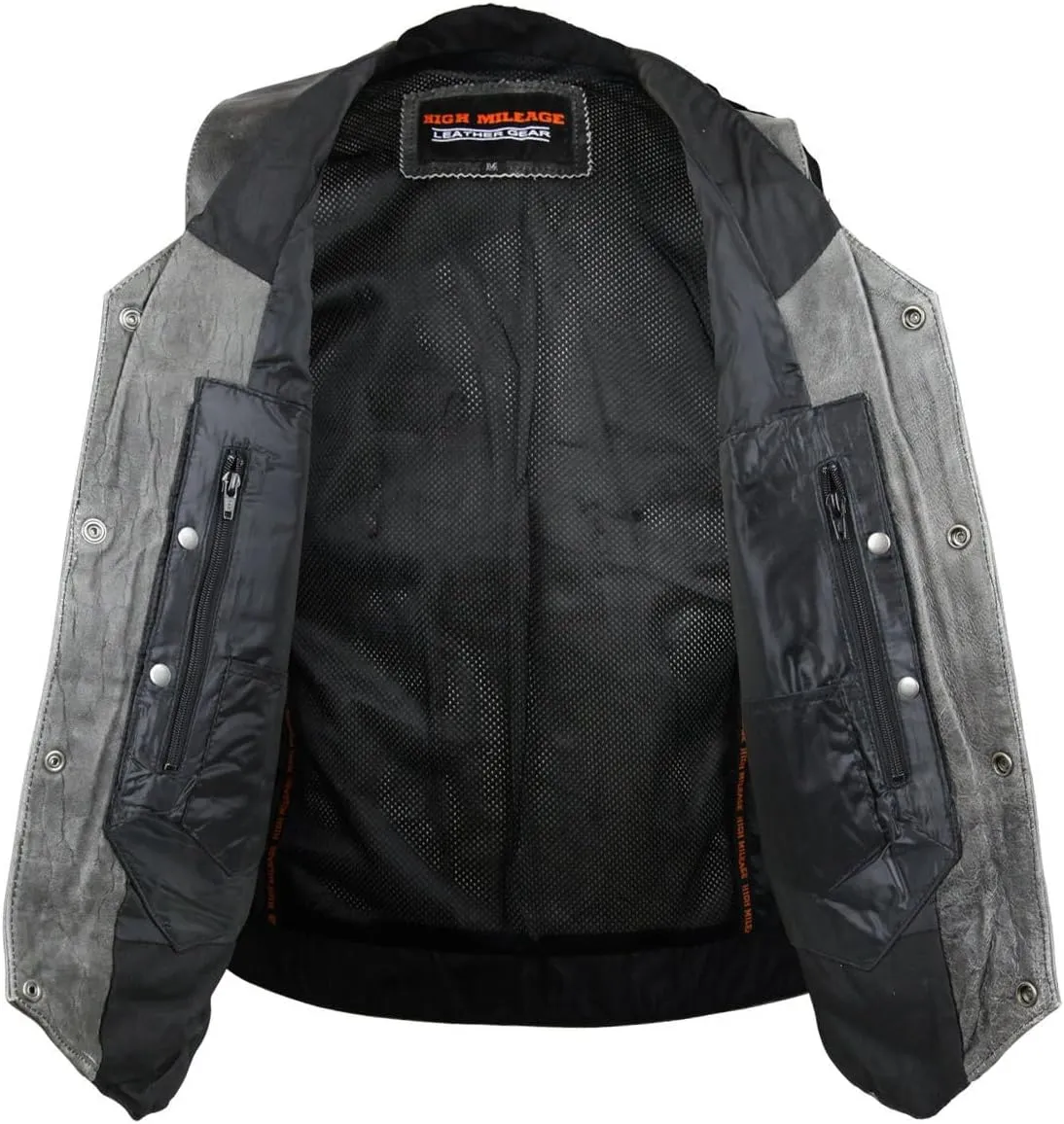 High Mileage Mens Distressed Premium Cowhide Ten Pocket Leather Motorcycle Vest with Dual Conceal Carry Pockets
