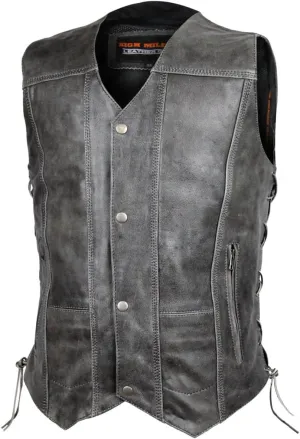 High Mileage Mens Distressed Premium Cowhide Ten Pocket Leather Motorcycle Vest with Dual Conceal Carry Pockets