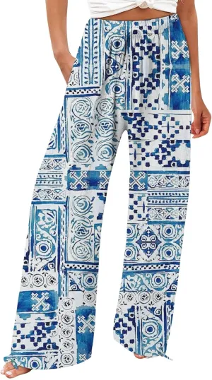 High Waist Floral Summer Casual Loose Pants Womens Cotton Casual Loose Pants Comfy Work Pants with Pockets Elastic