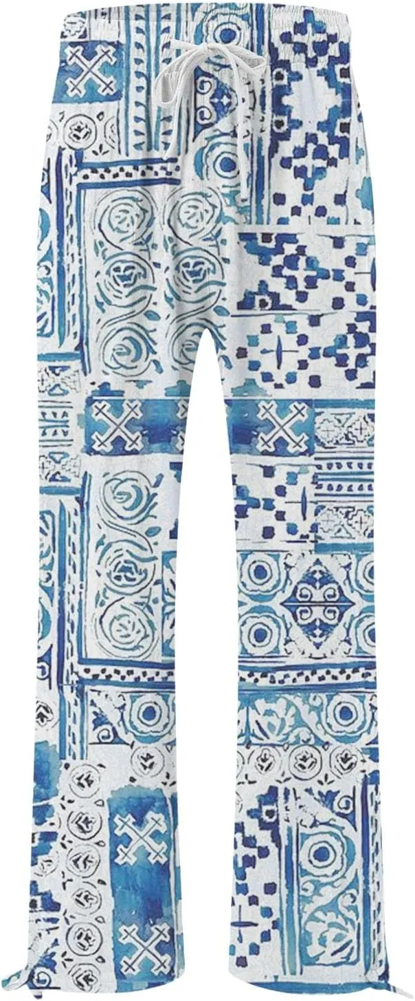 High Waist Floral Summer Casual Loose Pants Womens Cotton Casual Loose Pants Comfy Work Pants with Pockets Elastic