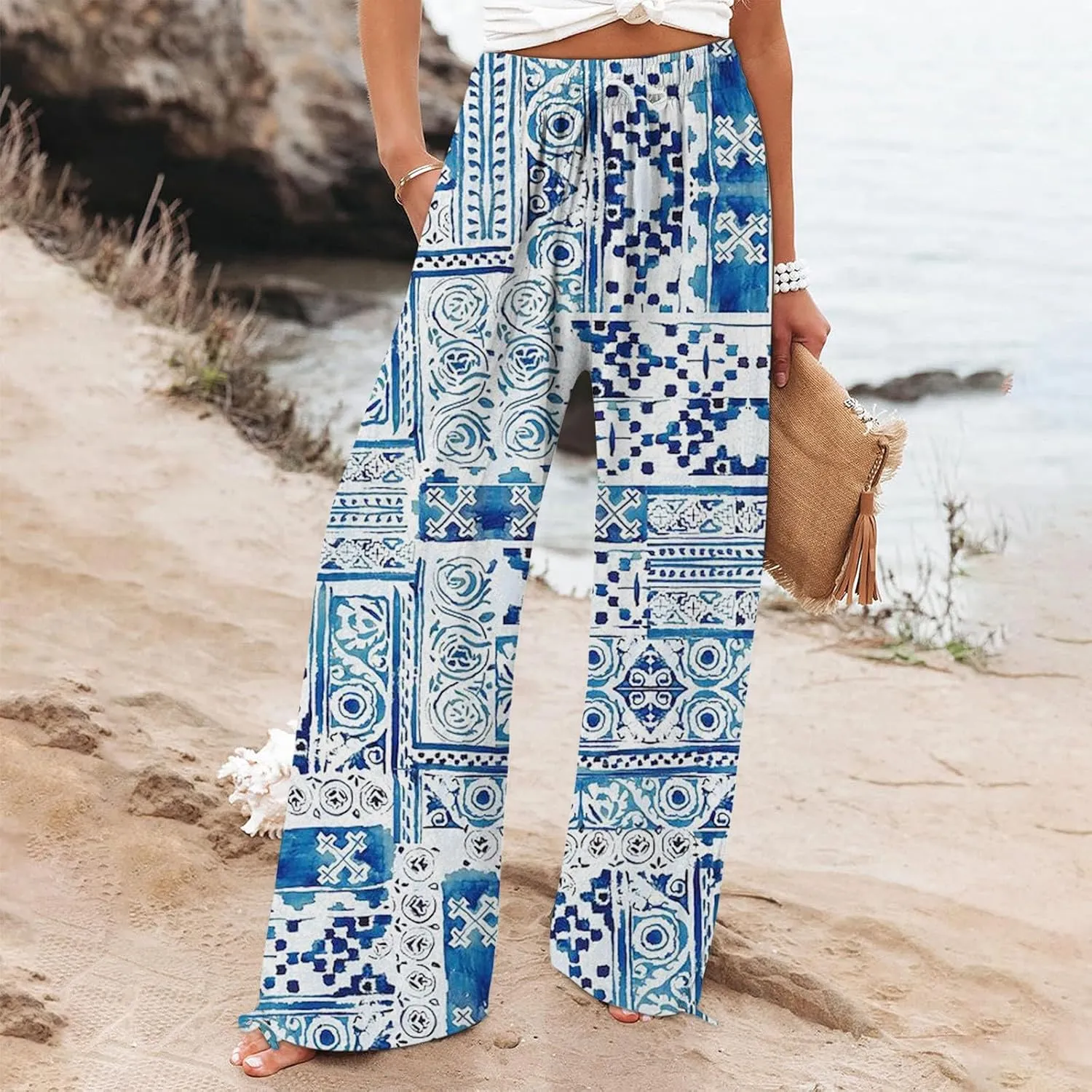 High Waist Floral Summer Casual Loose Pants Womens Cotton Casual Loose Pants Comfy Work Pants with Pockets Elastic