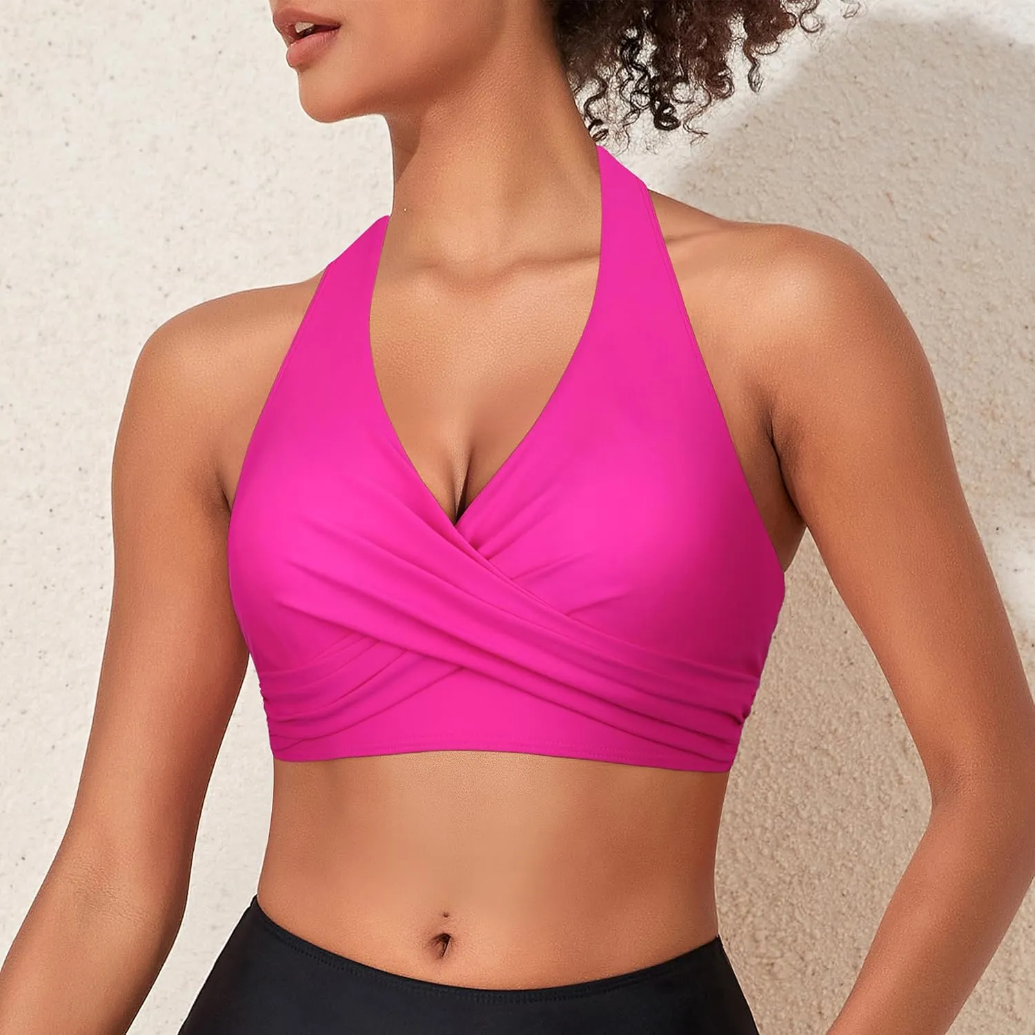 Hilor Women's Underwire Bikini Tops Halter V Neck Bathing Suit Top Swimsuit Push Up Twist Front Swim Top Only