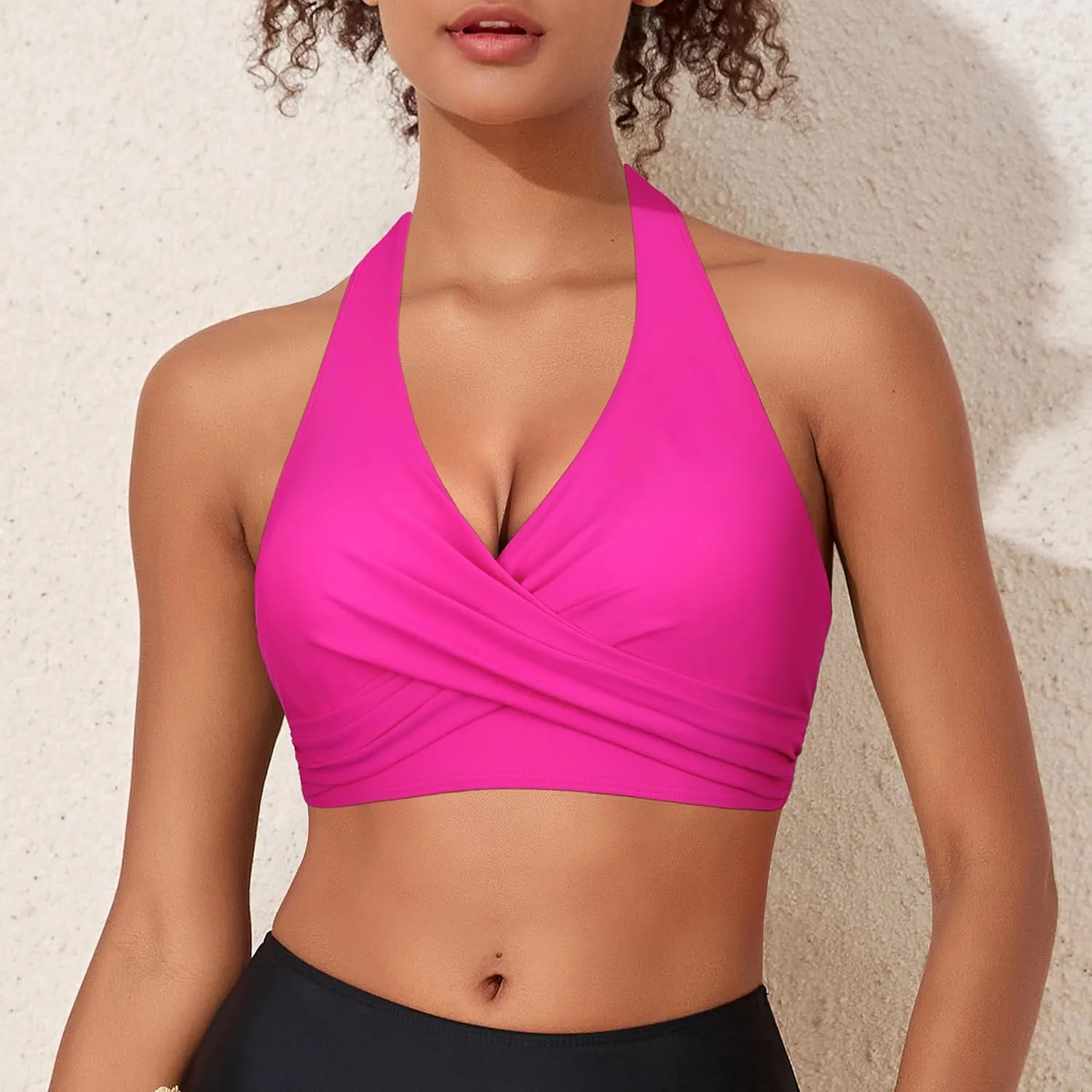 Hilor Women's Underwire Bikini Tops Halter V Neck Bathing Suit Top Swimsuit Push Up Twist Front Swim Top Only