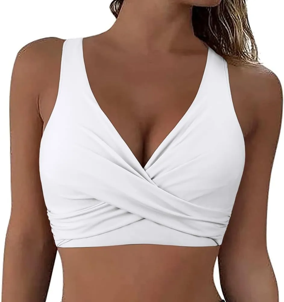 Hilor Women's Underwire Bikini Tops Push Up Criss Cross Swim Top Swimsuit Sexy V Neck Bikini Bathing Suit Top Only