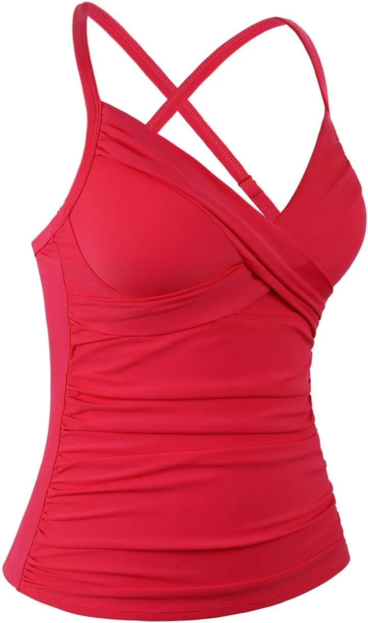 Hilor Women's Underwire Tankini Top Swimwear Twist V Neck Swimsuits for Big Busted Tummy Control Bathing Suits Top Only