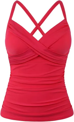 Hilor Women's Underwire Tankini Top Swimwear Twist V Neck Swimsuits for Big Busted Tummy Control Bathing Suits Top Only