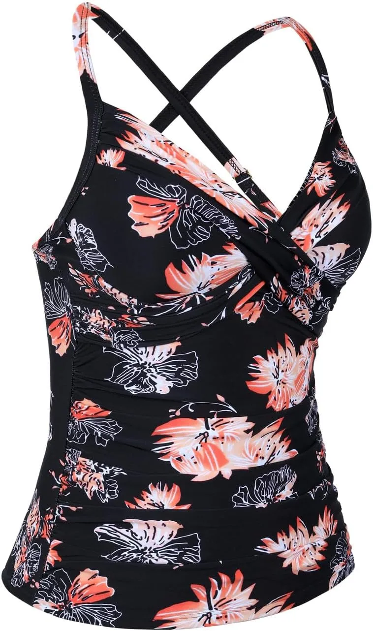 Hilor Women's Underwire Tankini Top Swimwear Twist V Neck Swimsuits for Big Busted Tummy Control Bathing Suits Top Only