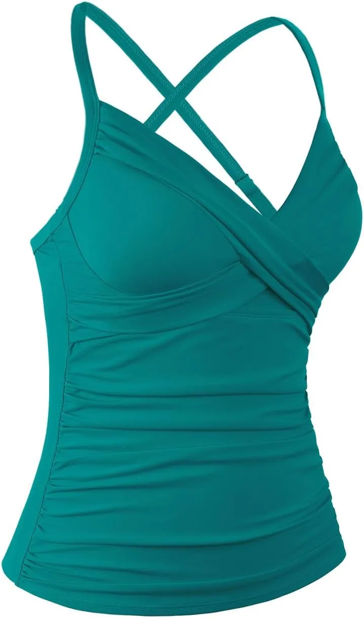 Hilor Women's Underwire Tankini Top Swimwear Twist V Neck Swimsuits for Big Busted Tummy Control Bathing Suits Top Only