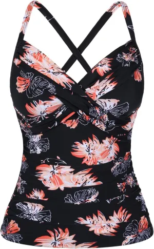 Hilor Women's Underwire Tankini Top Swimwear Twist V Neck Swimsuits for Big Busted Tummy Control Bathing Suits Top Only
