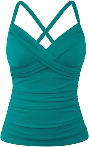 Hilor Women's Underwire Tankini Top Swimwear Twist V Neck Swimsuits for Big Busted Tummy Control Bathing Suits Top Only