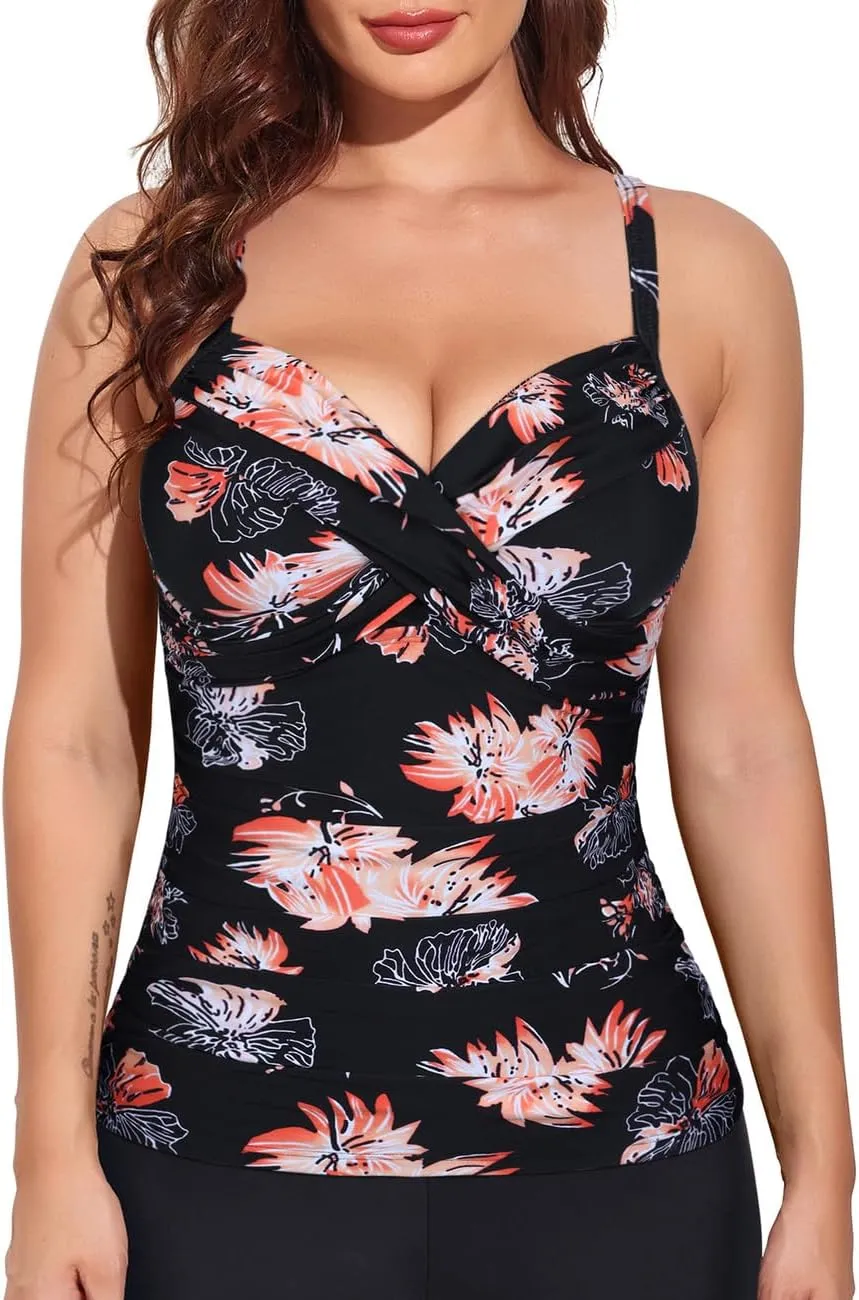 Hilor Women's Underwire Tankini Top Swimwear Twist V Neck Swimsuits for Big Busted Tummy Control Bathing Suits Top Only