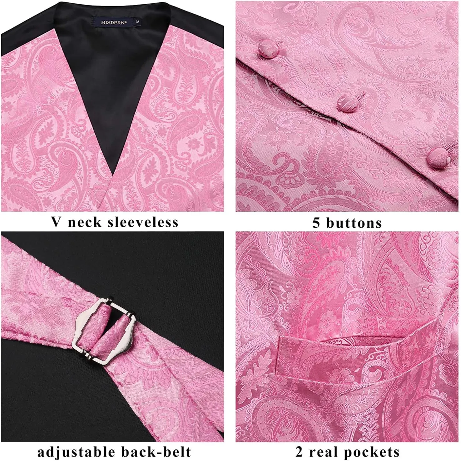 HISDERN Men's Vest Tie Set Paisley Floral Jacquard Necktie Pocket Square 3PCS Waistcoat for Suit or Tuxedo Wedding Party