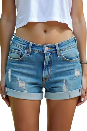 HOCAIES Women's Juniors Mid Rise Jean Shorts Folded Hem Denim Shorts for Women