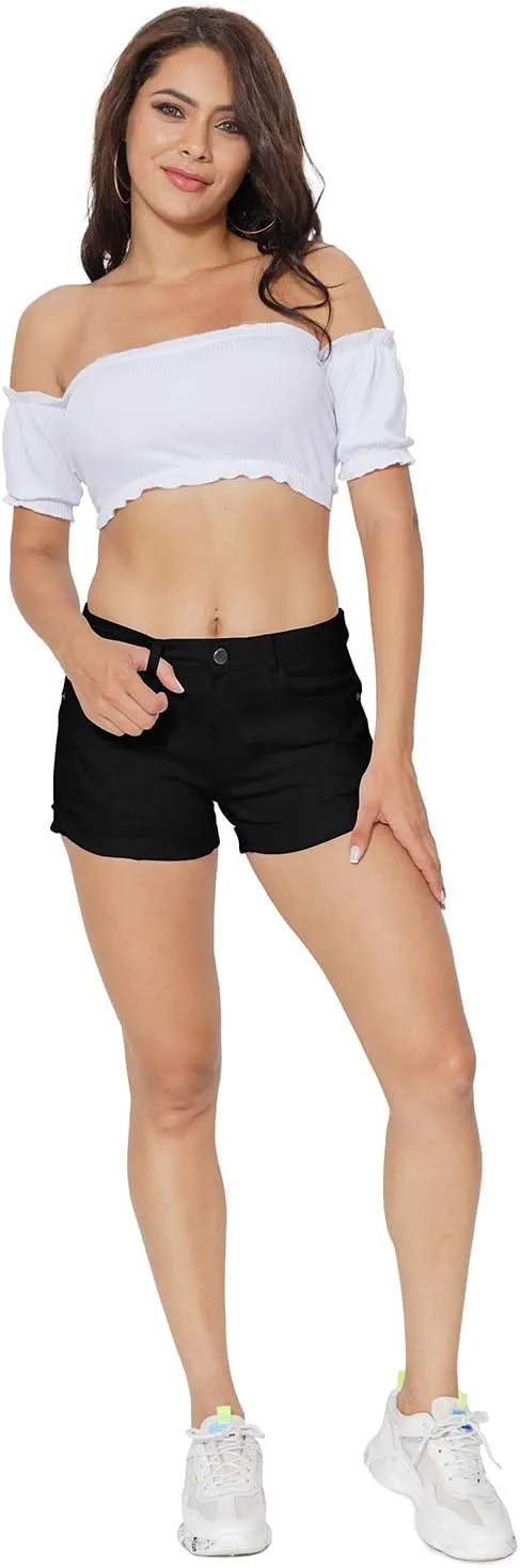 HOCAIES Women's Juniors Mid Rise Jean Shorts Folded Hem Denim Shorts for Women