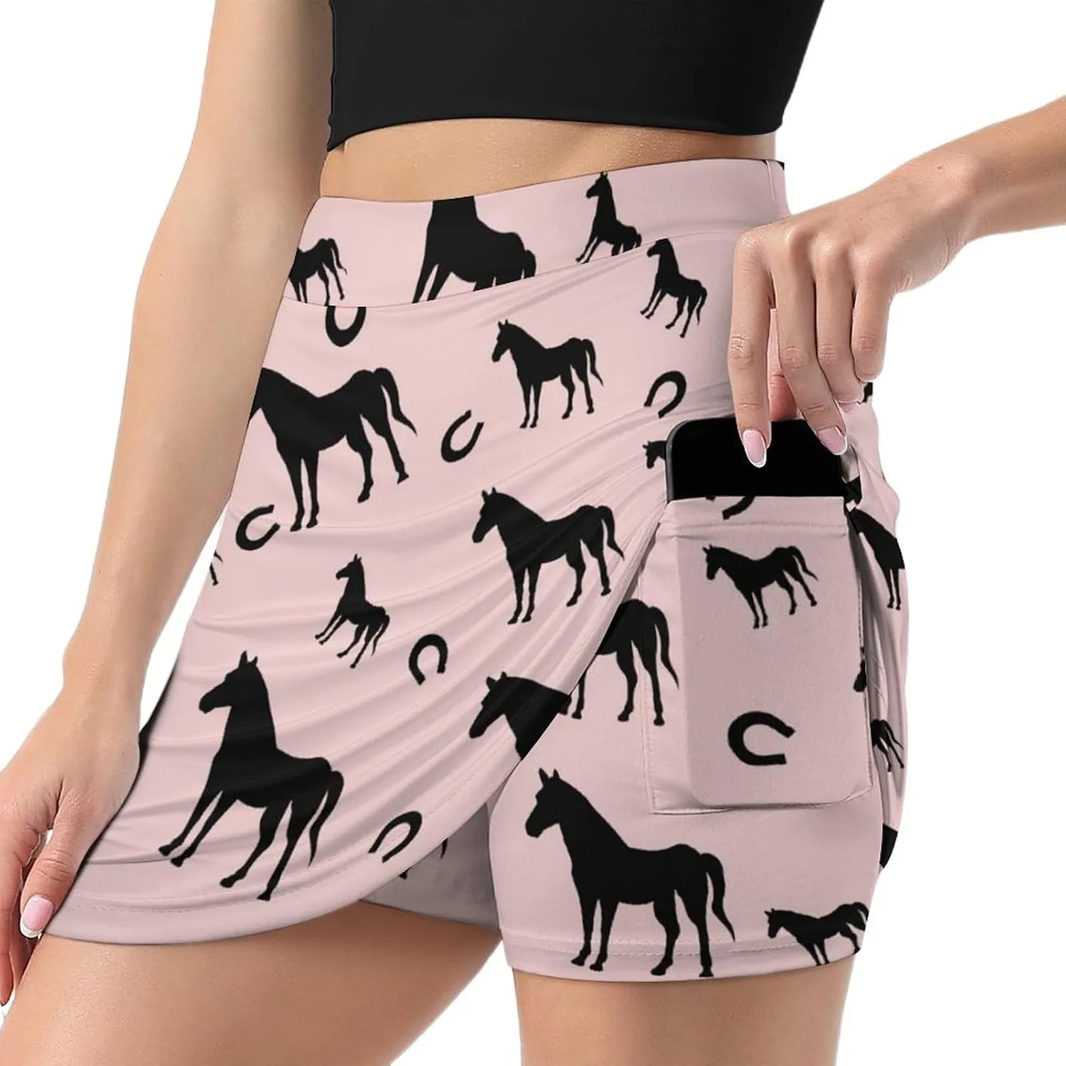 Horse and Horseshoe Animals Women's Mini Tennis Skirt with Shorts Underneath Athletic Workout Cute Skorts