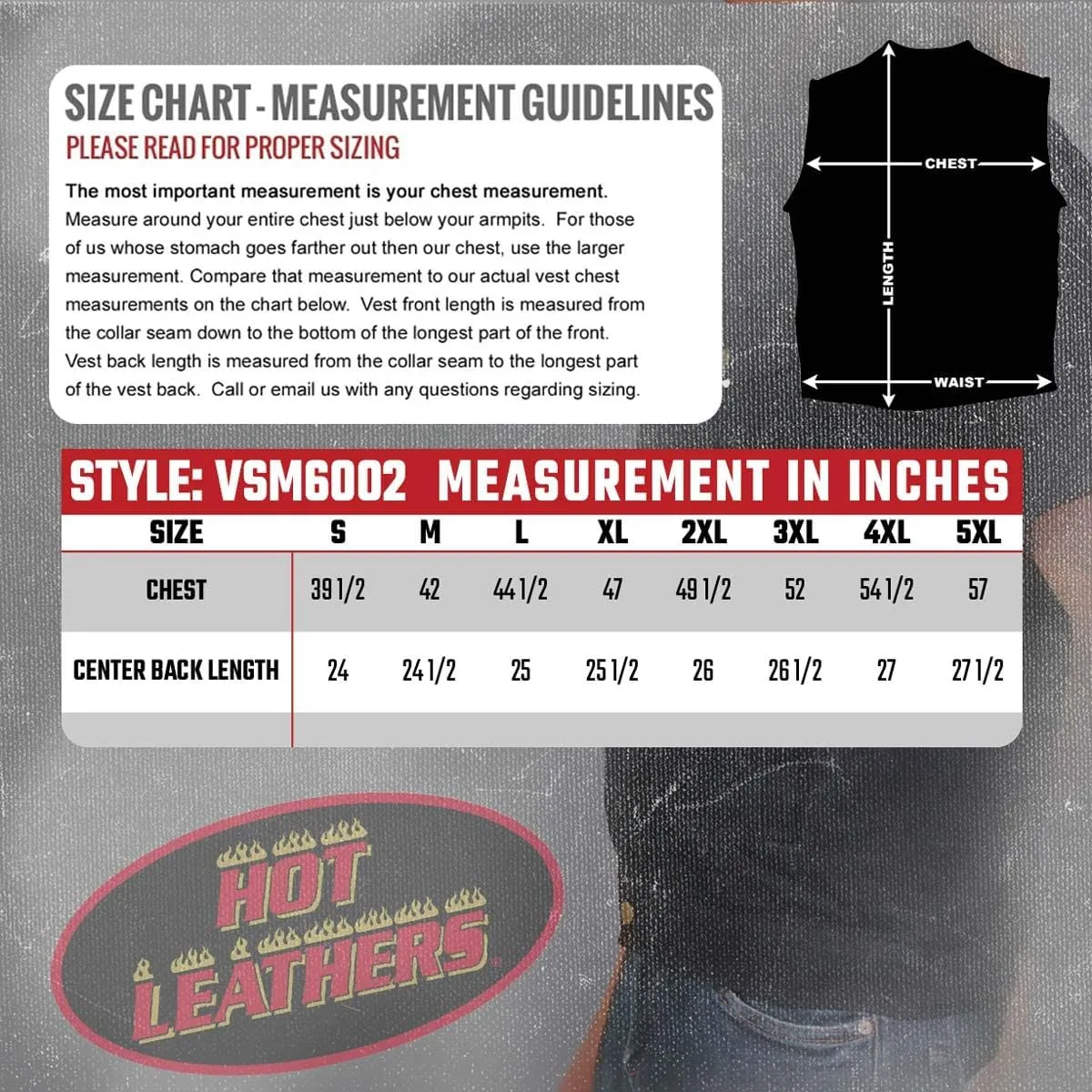 Hot Leathers Men's Standard Denim Biker Vests, Vsm6002-black