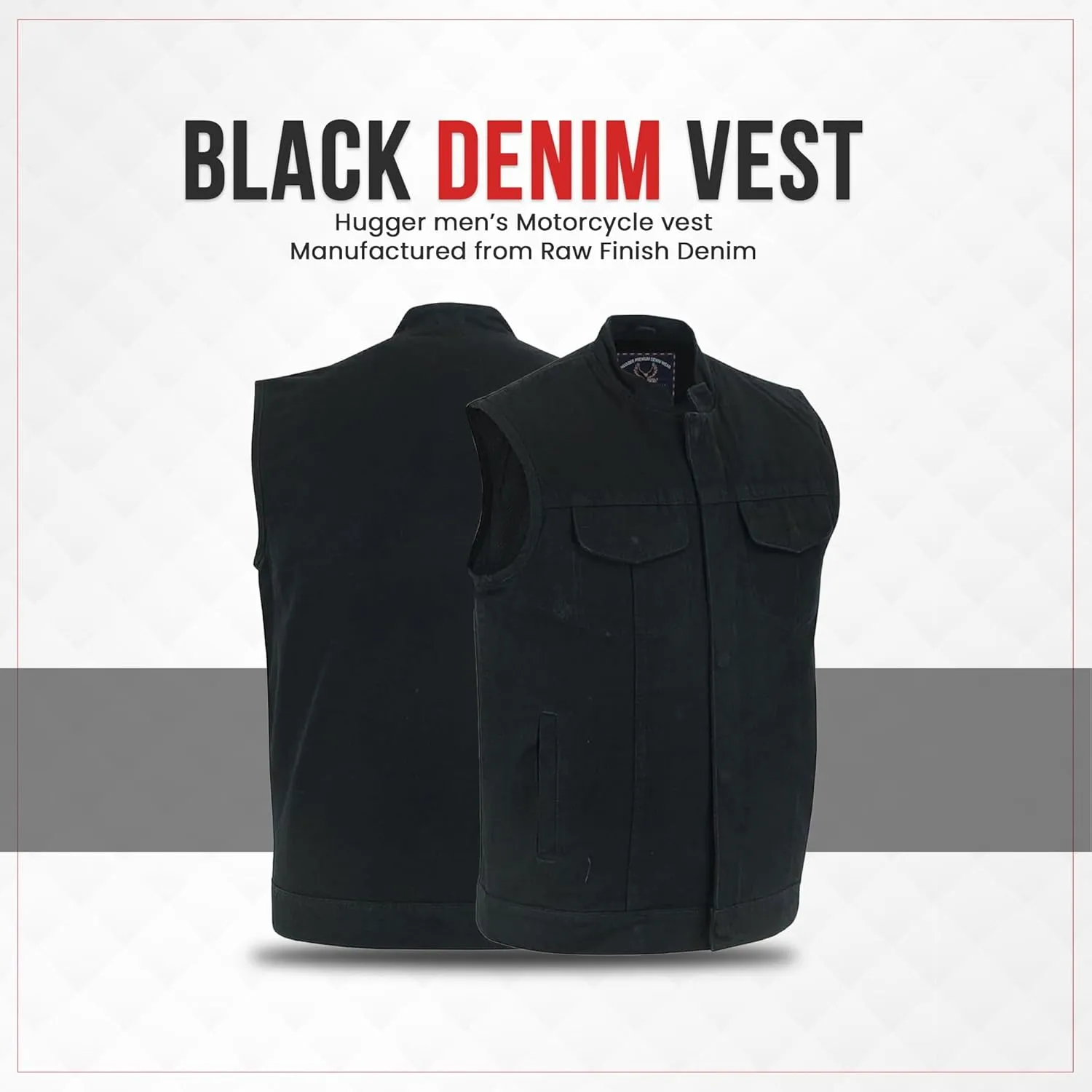 Hugger Mens Black Denim Motorcycle Vests Bikers Club Vest with Concealed Carry Pockets & Hidden Zipper