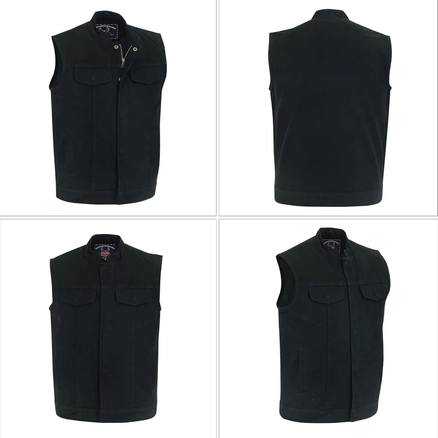 Hugger Mens Black Denim Motorcycle Vests Bikers Club Vest with Concealed Carry Pockets & Hidden Zipper