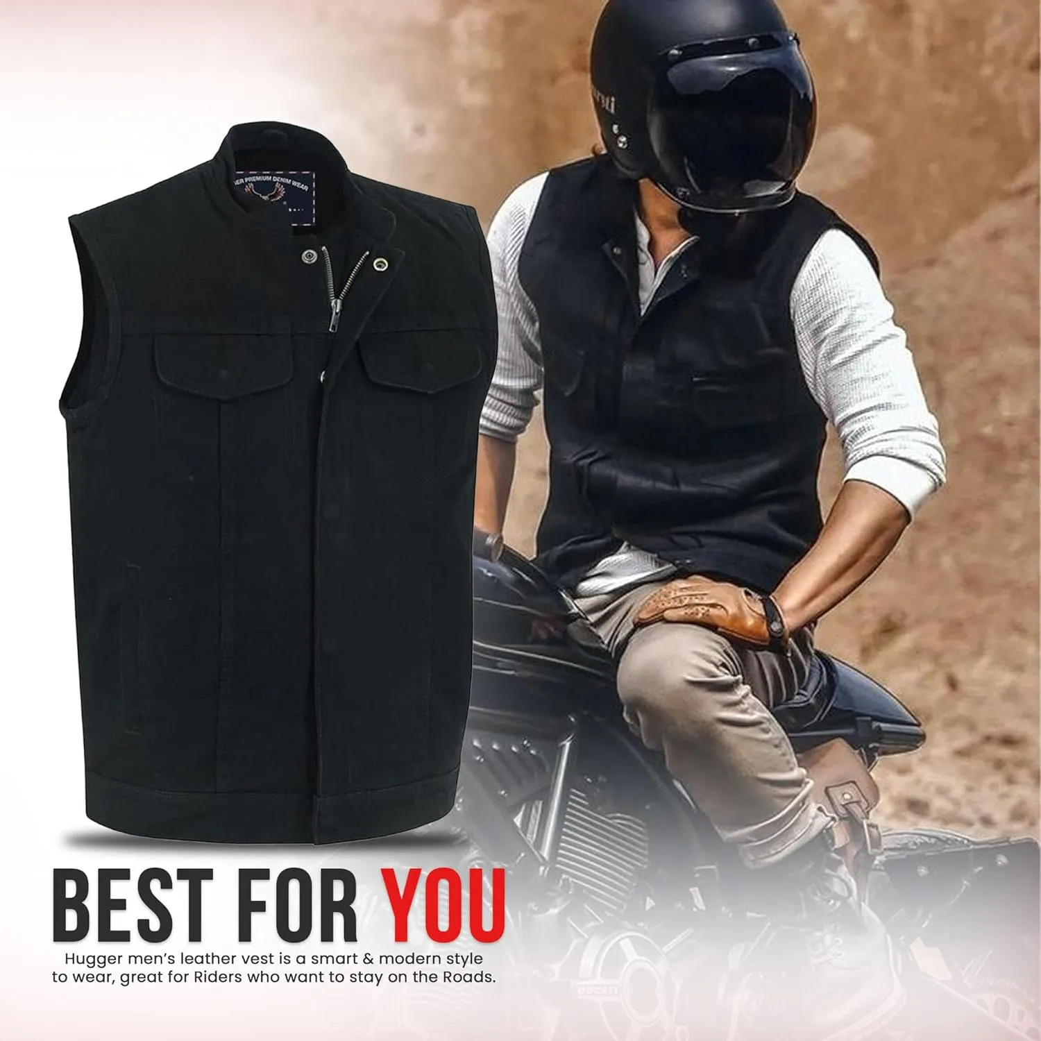 Hugger Mens Black Denim Motorcycle Vests Bikers Club Vest with Concealed Carry Pockets & Hidden Zipper