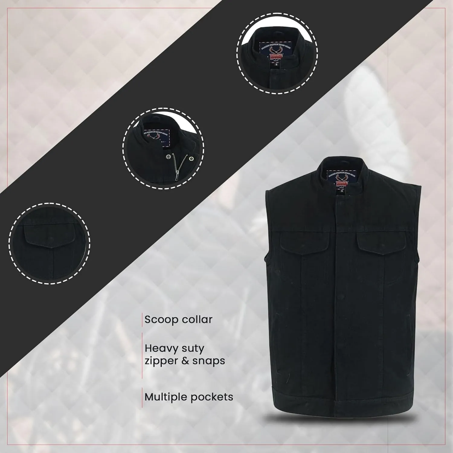 Hugger Mens Black Denim Motorcycle Vests Bikers Club Vest with Concealed Carry Pockets & Hidden Zipper