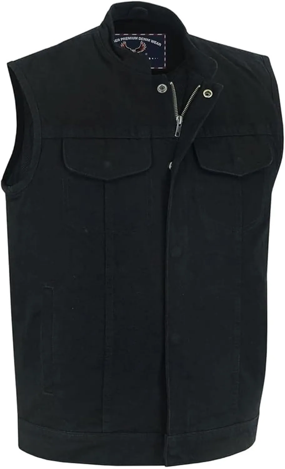 Hugger Mens Black Denim Motorcycle Vests Bikers Club Vest with Concealed Carry Pockets & Hidden Zipper