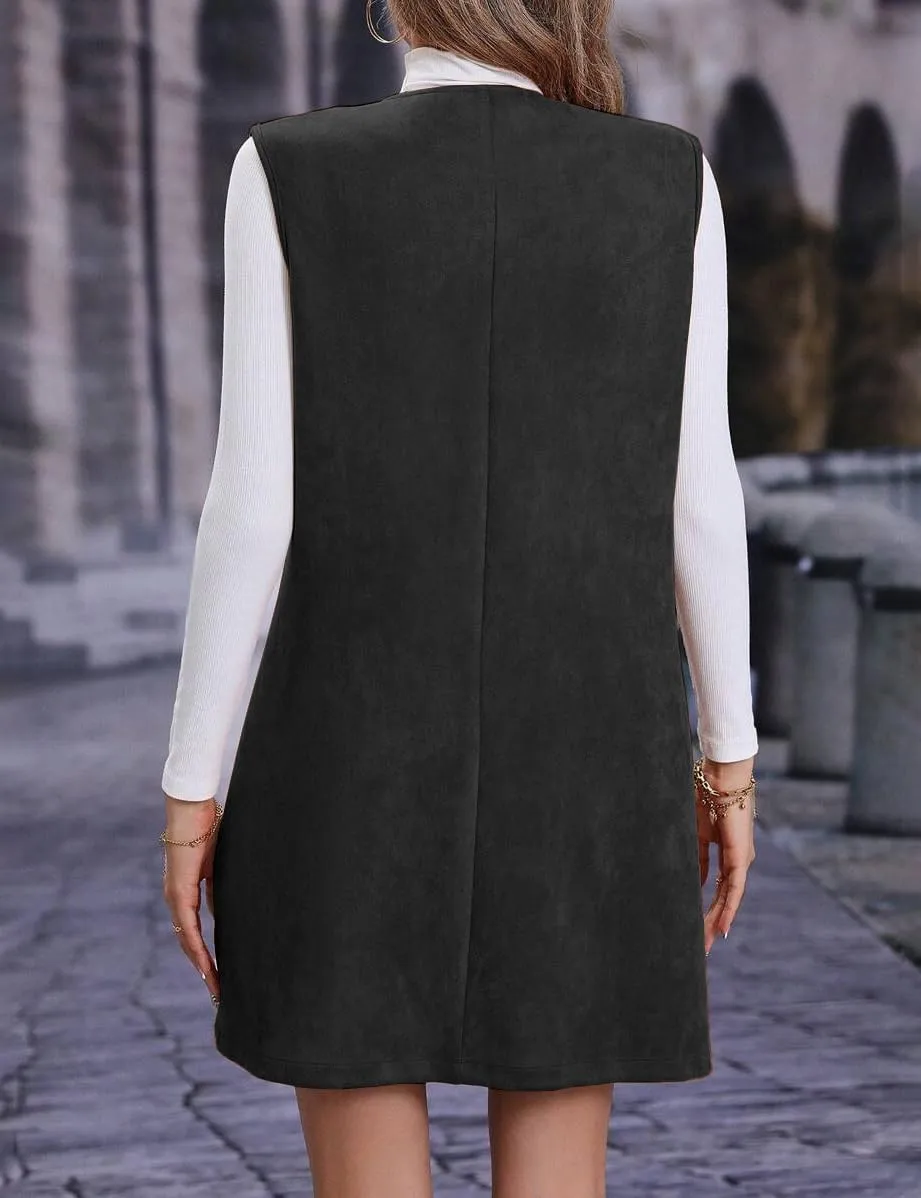 IDEALSANXUN Long Suede Vest Women Sleeveless Blazer Jacket Fall Winter Trench Coat Casual Dressy Leather Vest Cardigan