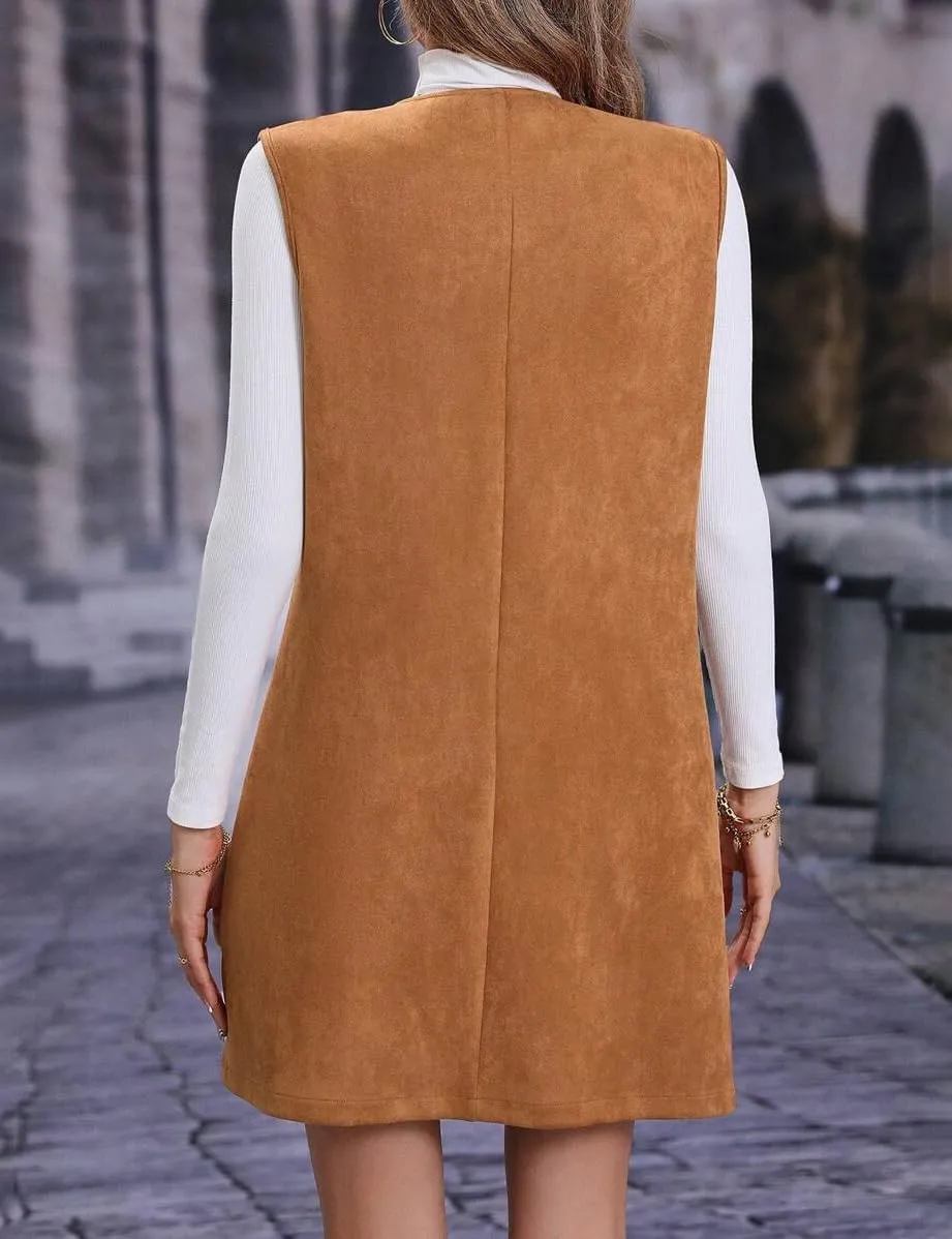 IDEALSANXUN Long Suede Vest Women Sleeveless Blazer Jacket Fall Winter Trench Coat Casual Dressy Leather Vest Cardigan