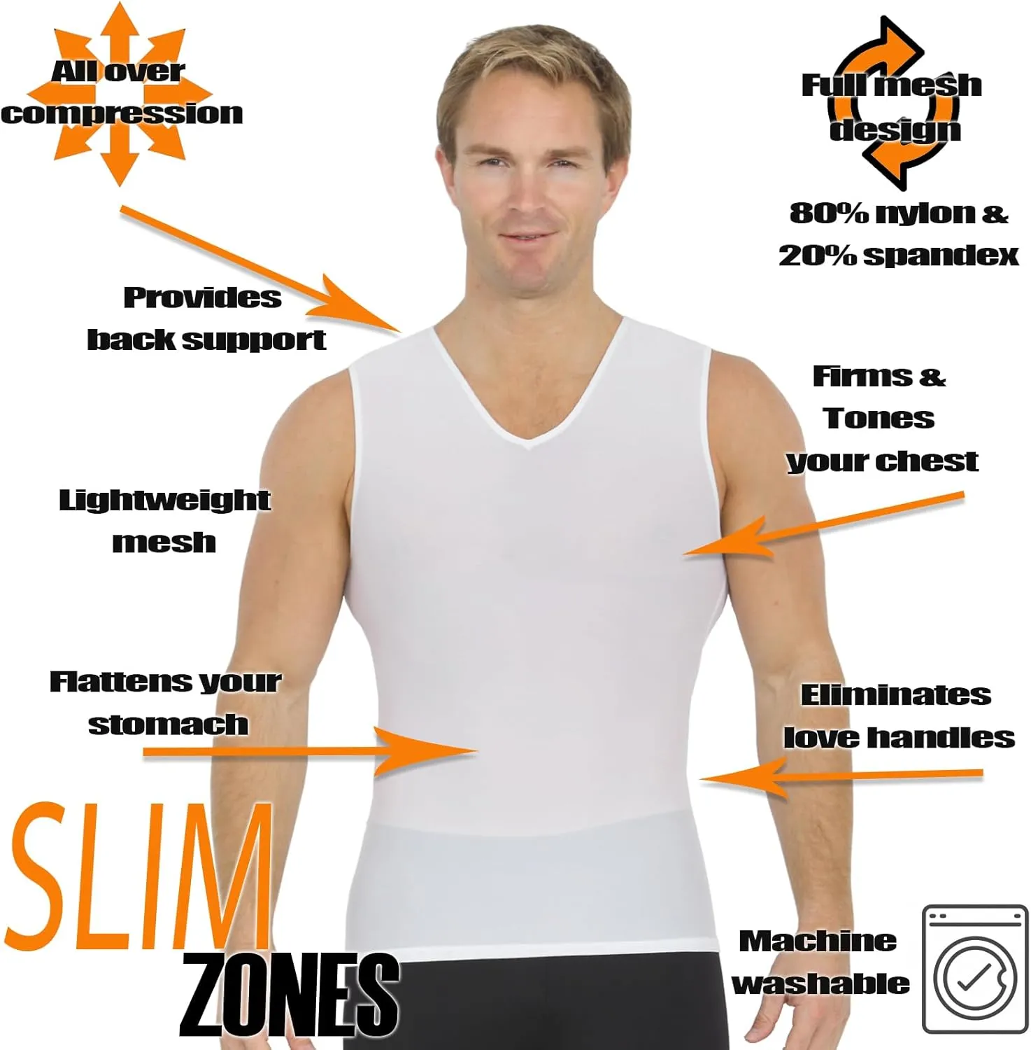 Insta Slim Mens Compression Sleeveless V Neck Muscle Shirt- Slimming Body Shaper Undershirt