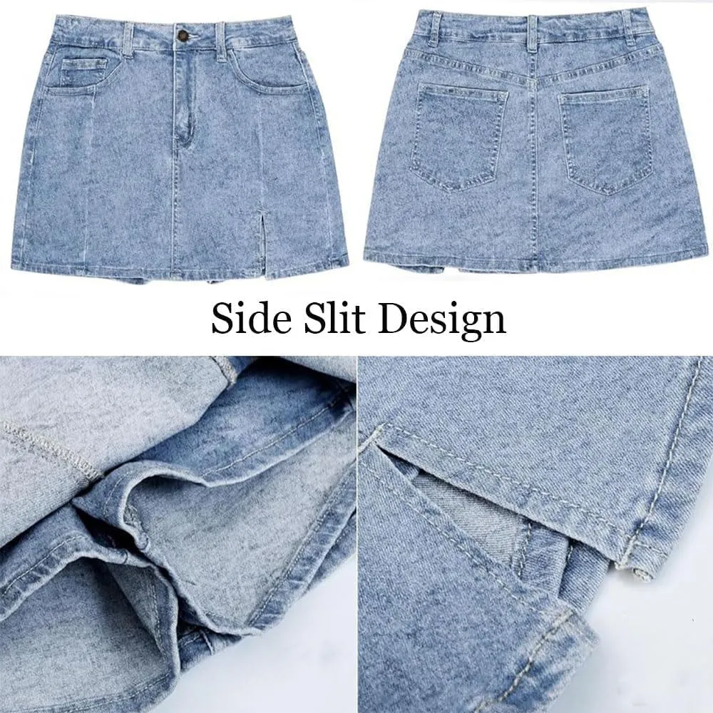 Jean Skorts for Woman,High Waisted Casual Stretchy Denim Skirt,Side Slit Trendy Summer Jean Skirt with Shorts Underneath