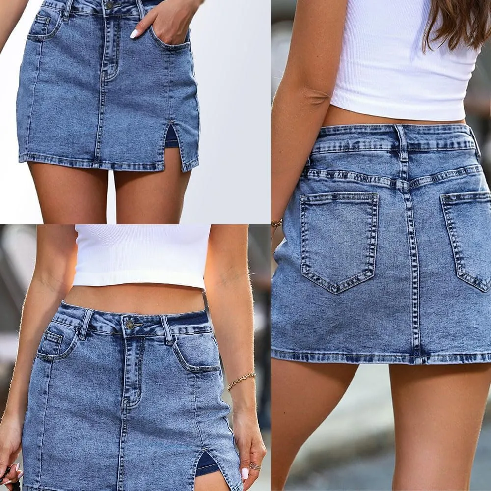 Jean Skorts for Woman,High Waisted Casual Stretchy Denim Skirt,Side Slit Trendy Summer Jean Skirt with Shorts Underneath