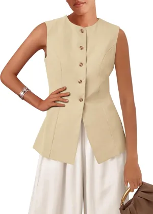 KIRUNDO Blazer Vest for Women Trendy 2025 Dressy Business Casual Summer Button Down Sleeveless Work Suit Waistcoat Tops