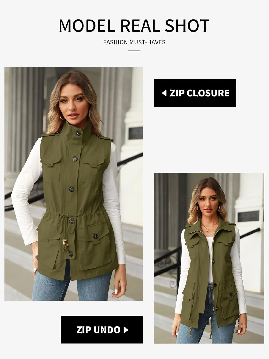 Koodred Women's Casual Military Utility Vest Lightweight Sleeveless Drawstring Jackets with Pockets