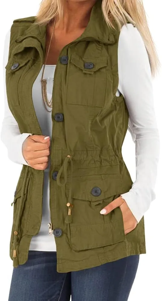 Koodred Women's Casual Military Utility Vest Lightweight Sleeveless Drawstring Jackets with Pockets