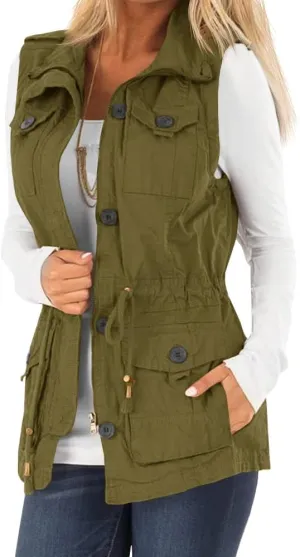 Koodred Women's Casual Military Utility Vest Lightweight Sleeveless Drawstring Jackets with Pockets