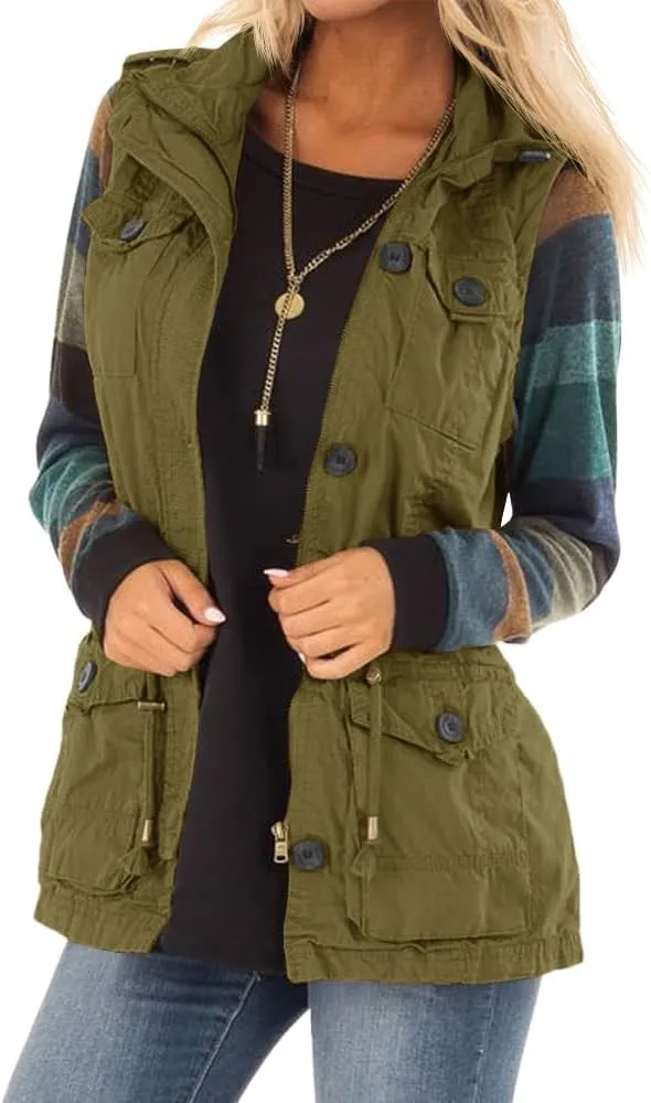 Koodred Women's Casual Military Utility Vest Lightweight Sleeveless Drawstring Jackets with Pockets