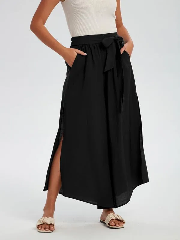Les umes Womens Wide Leg Pants High Waist Side Split Flowy Palazzo Pants Belted Loose Beach Casual Crop Trousers with Pockets