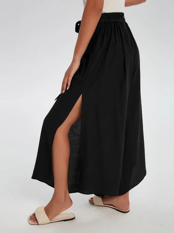 Les umes Womens Wide Leg Pants High Waist Side Split Flowy Palazzo Pants Belted Loose Beach Casual Crop Trousers with Pockets