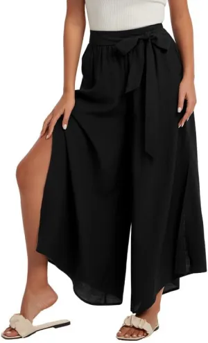 Les umes Womens Wide Leg Pants High Waist Side Split Flowy Palazzo Pants Belted Loose Beach Casual Crop Trousers with Pockets