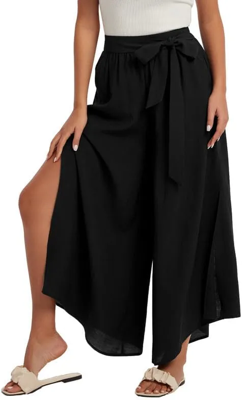 Les umes Womens Wide Leg Pants High Waist Side Split Flowy Palazzo Pants Belted Loose Beach Casual Crop Trousers with Pockets