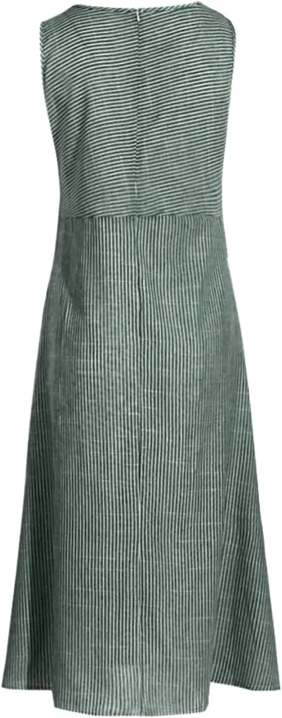 Linen Dresses for Women Summer Striped Sleeveless Crewneck Midi Dresses Casual Tshirt Dress with Pockets