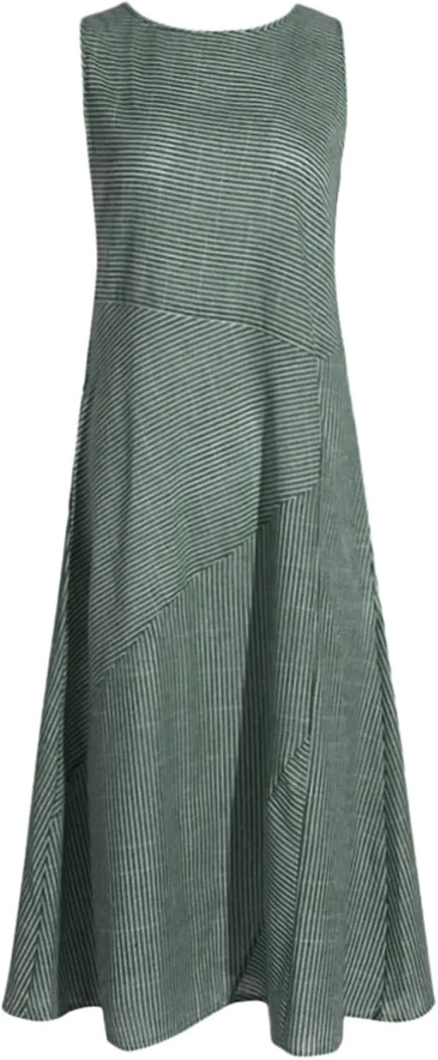 Linen Dresses for Women Summer Striped Sleeveless Crewneck Midi Dresses Casual Tshirt Dress with Pockets