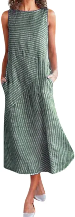 Linen Dresses for Women Summer Striped Sleeveless Crewneck Midi Dresses Casual Tshirt Dress with Pockets