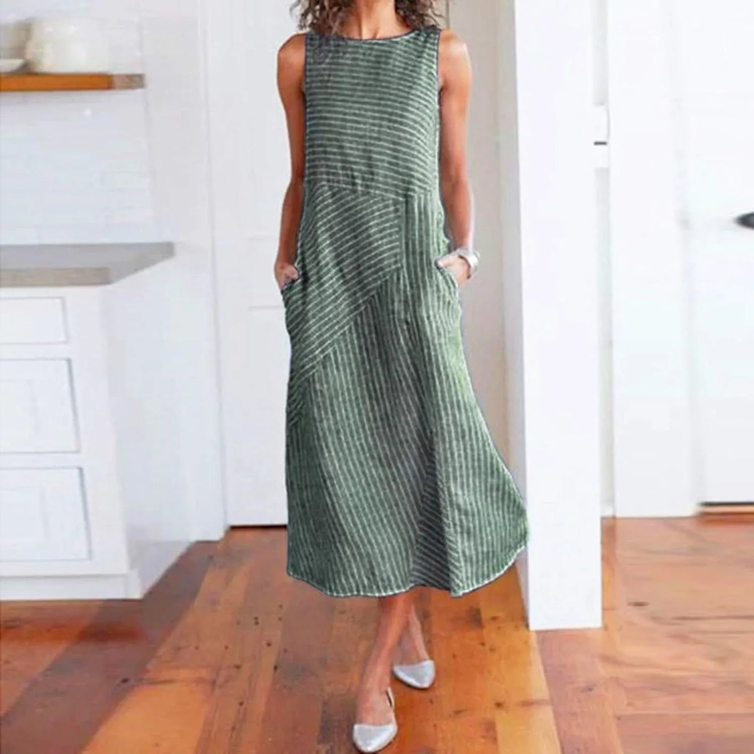 Linen Dresses for Women Summer Striped Sleeveless Crewneck Midi Dresses Casual Tshirt Dress with Pockets