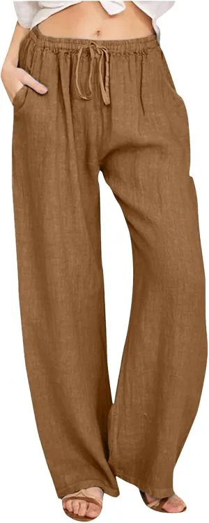 Linen Pants for Women High Waisted Pant Summer Lightweight Cotton Pants Beach Flowy Drawstring Trousers with Pocket